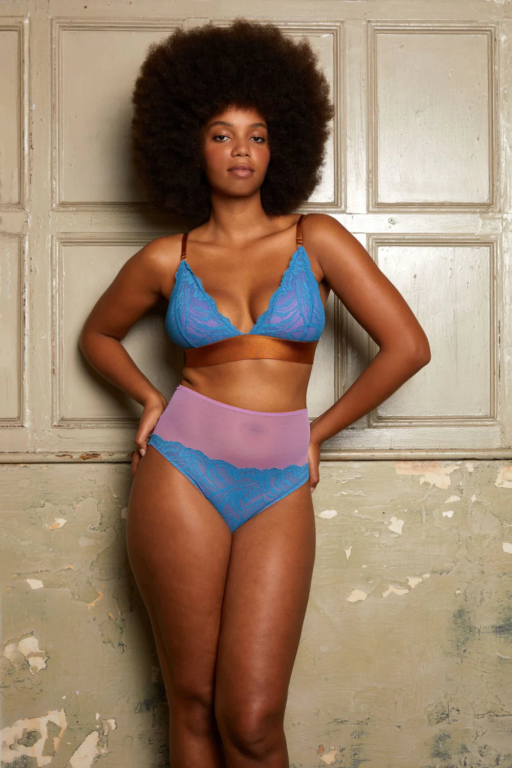 Bleu outremer printed triangle bra with lace
